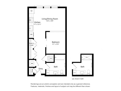 Floor plan for studio, 1 bath, 577 sqft